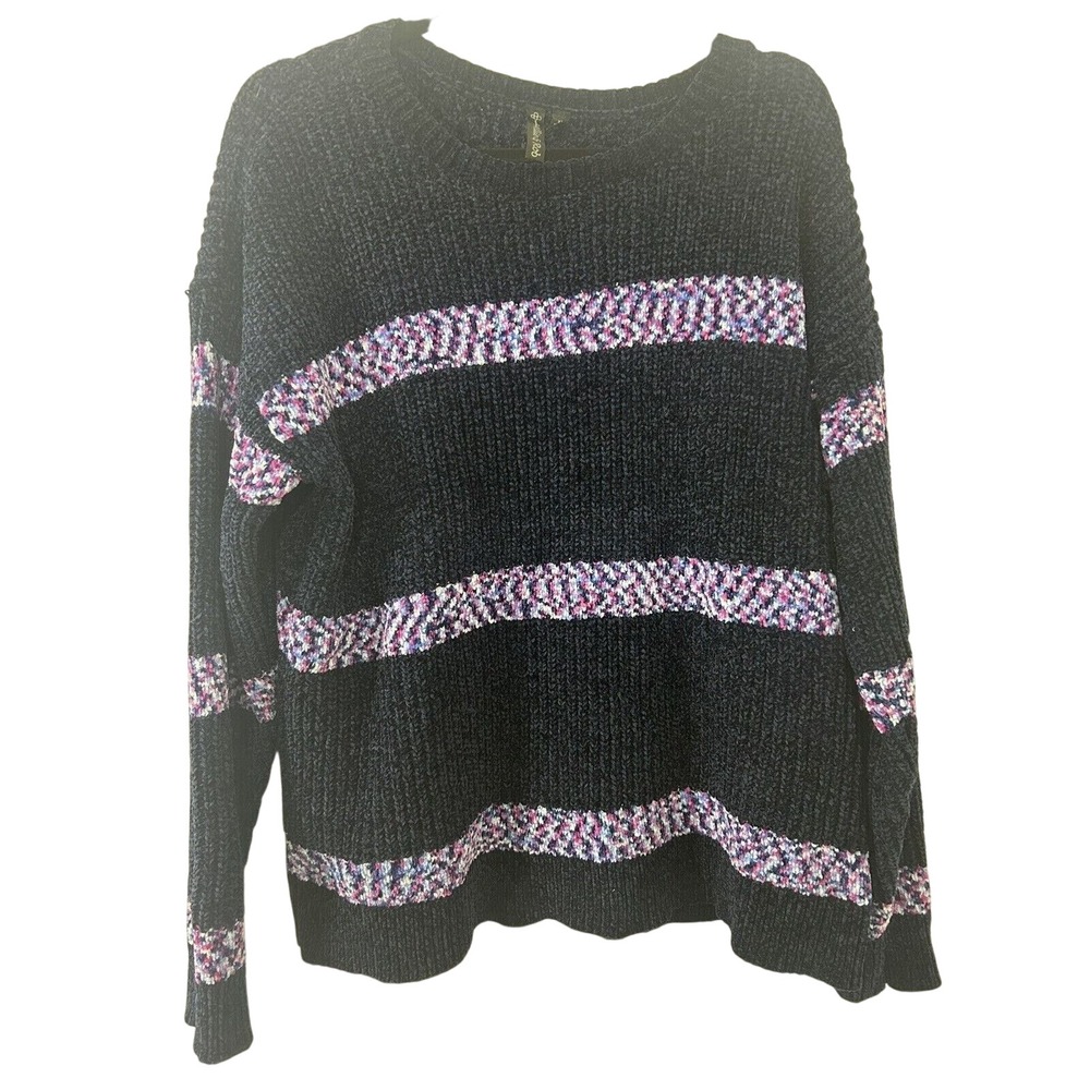 Allie‎ & Rob XL Chenille Knit Sweater Navy Blue Multi Color Striped Pullover